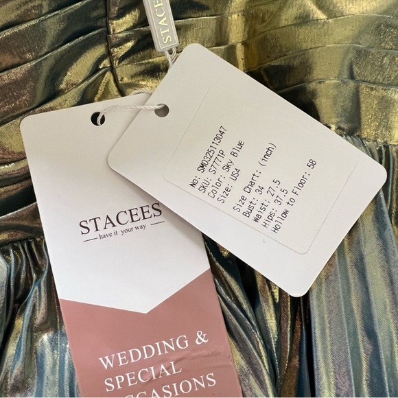 Stacees Sky Blue Gold Metallic Shimmer Floor Length gown with side slit size 2 - Picture 10 of 12